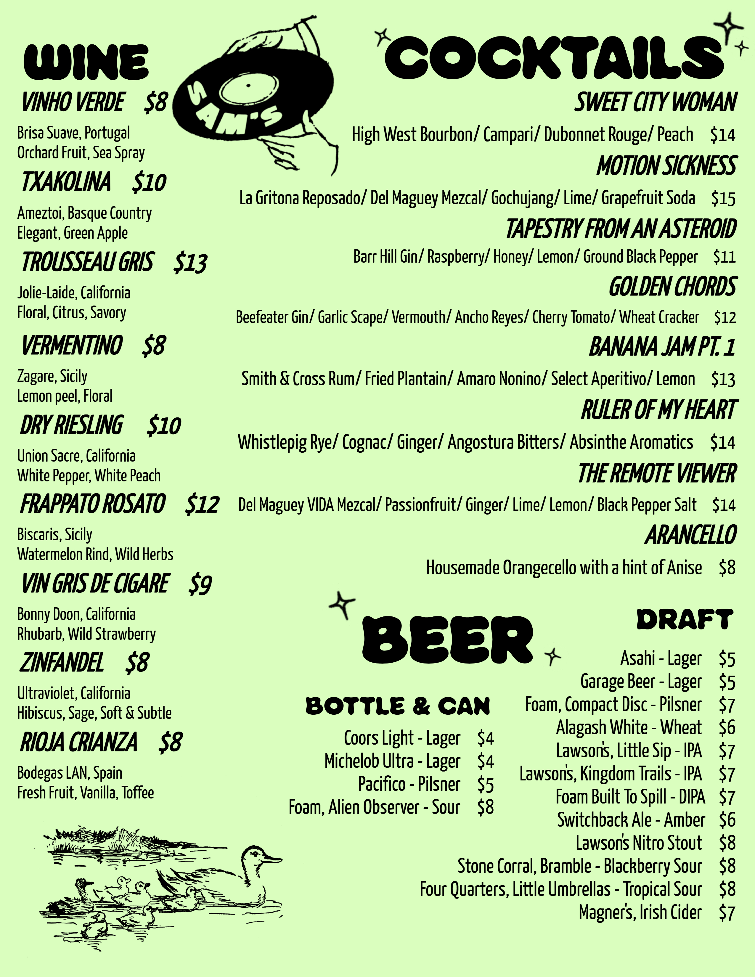 Sam's Listening Bar Cocktail Menu