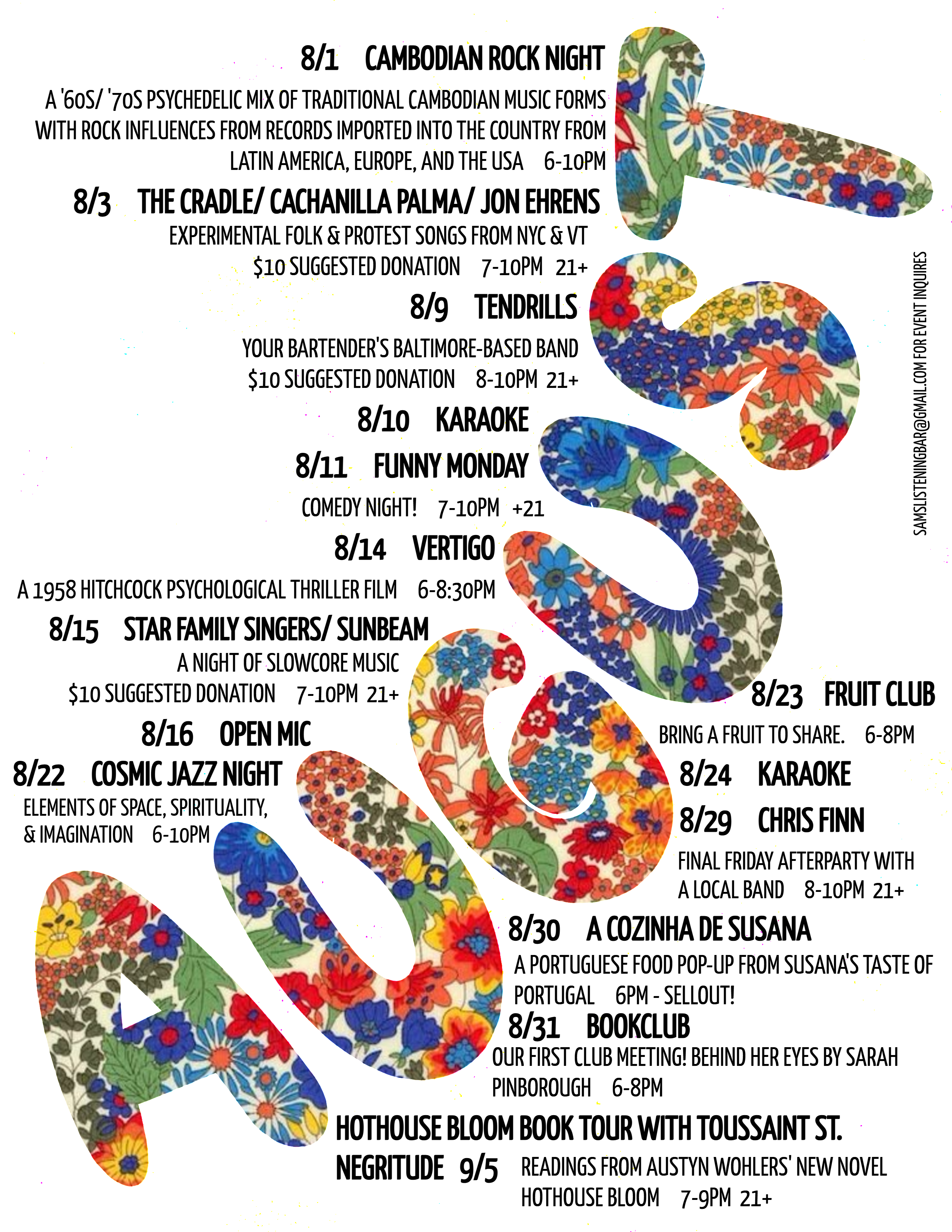 Events List for August 2025 at Sam's Listening Bar