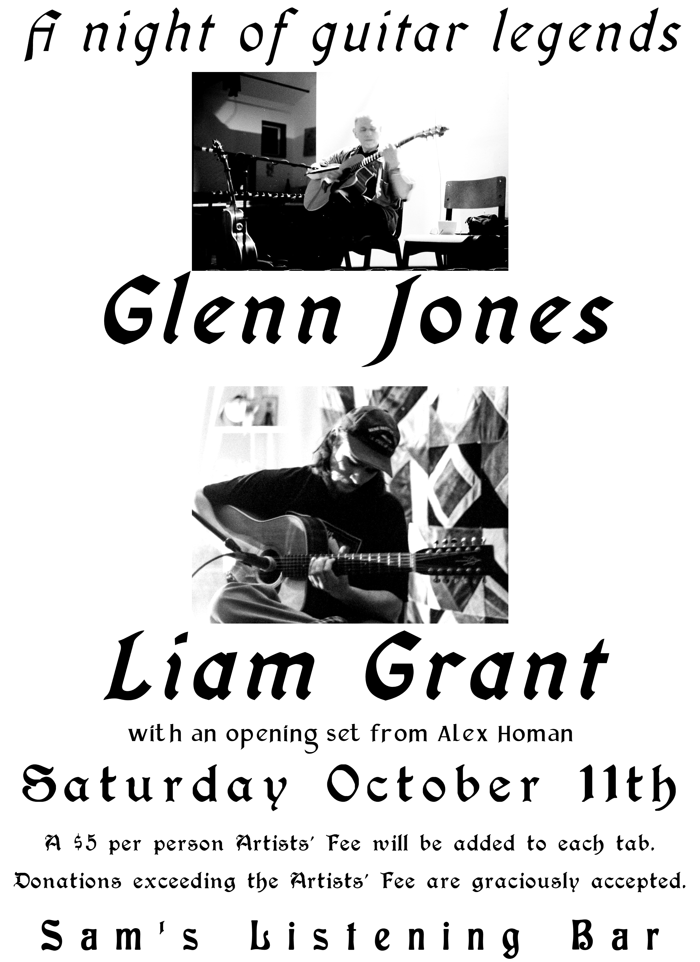 Flyer for Glenn Jones and Liam Grant at Sam's Listening Bar on October 11th, 2025