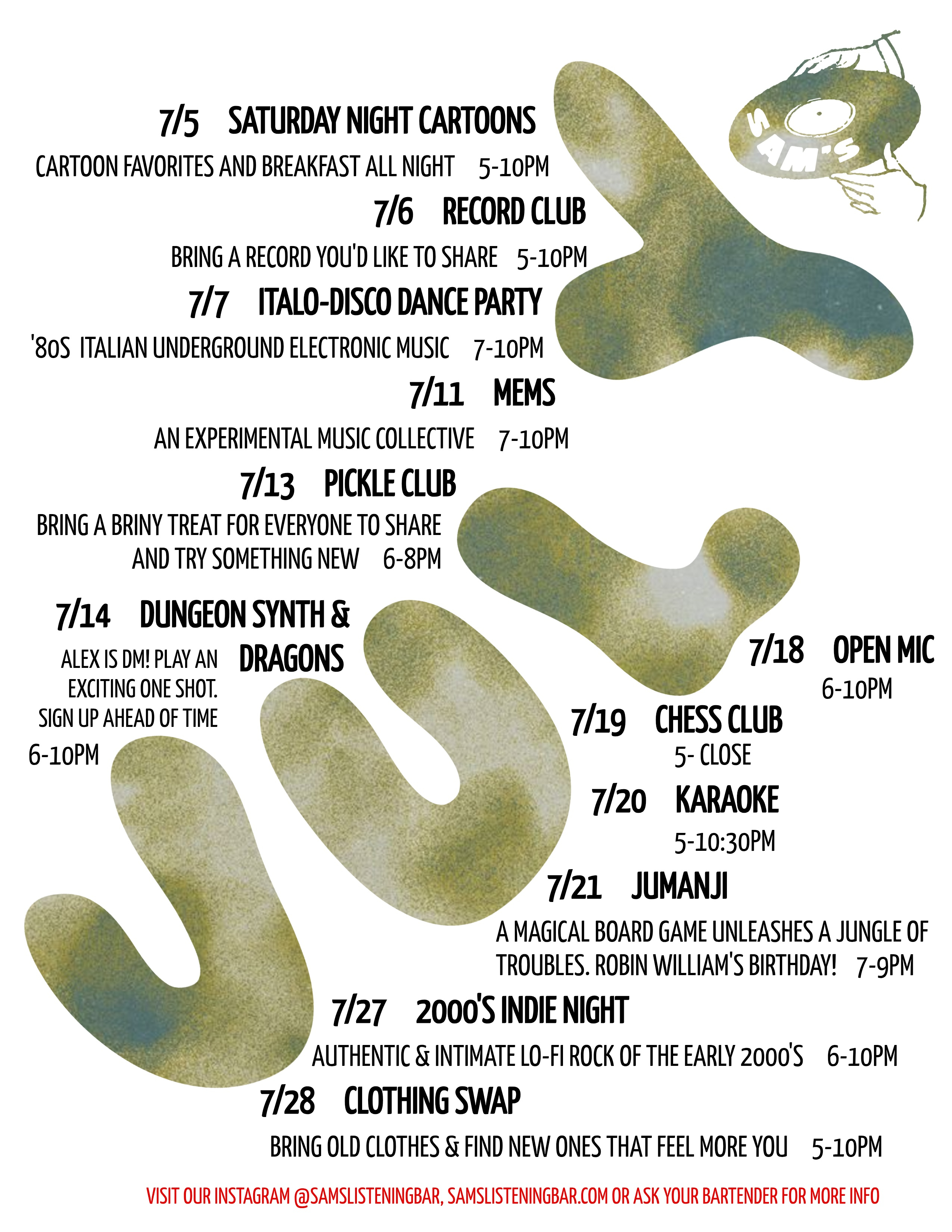 Events List for July 2025 at Sam's Listening Bar