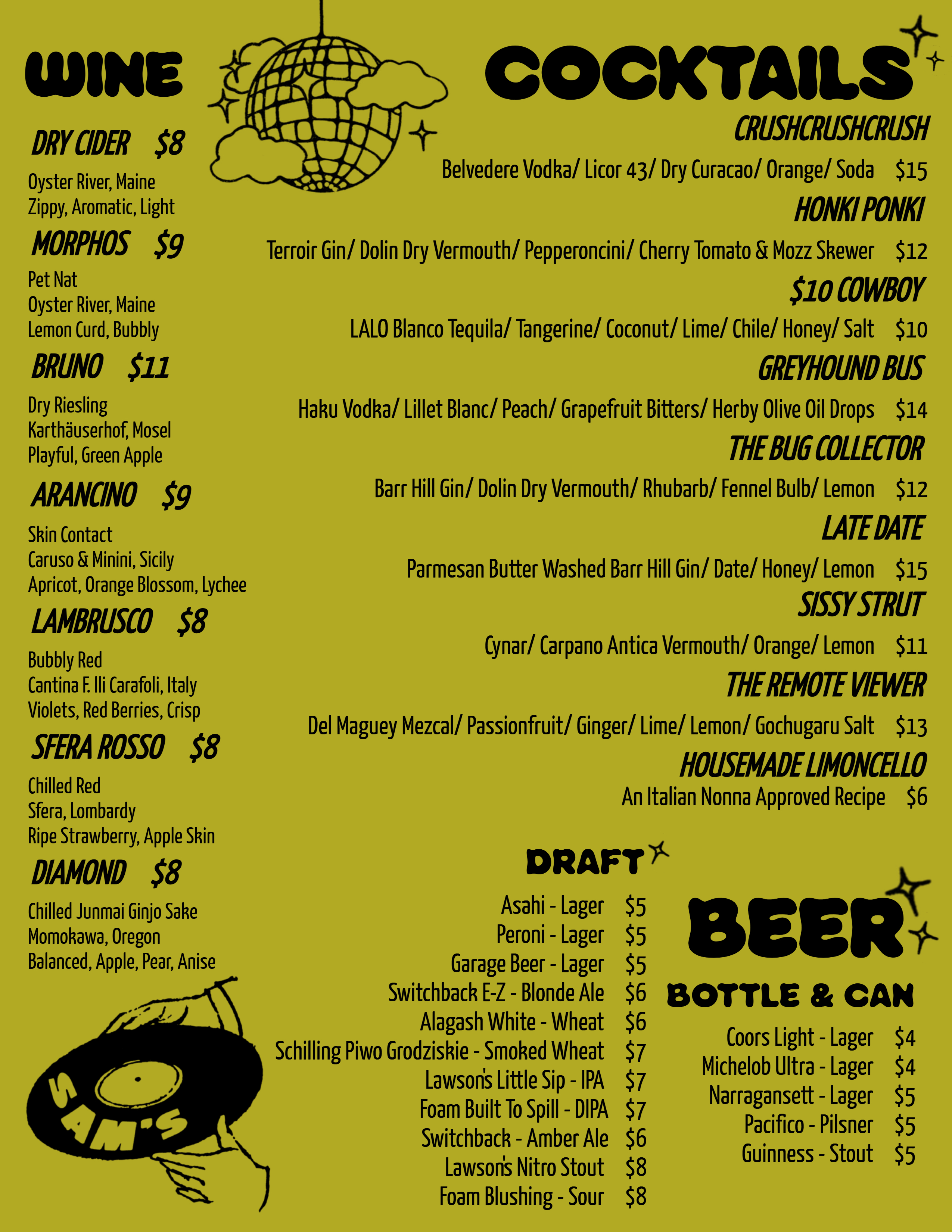 Sam's Listening Bar Cocktail Menu