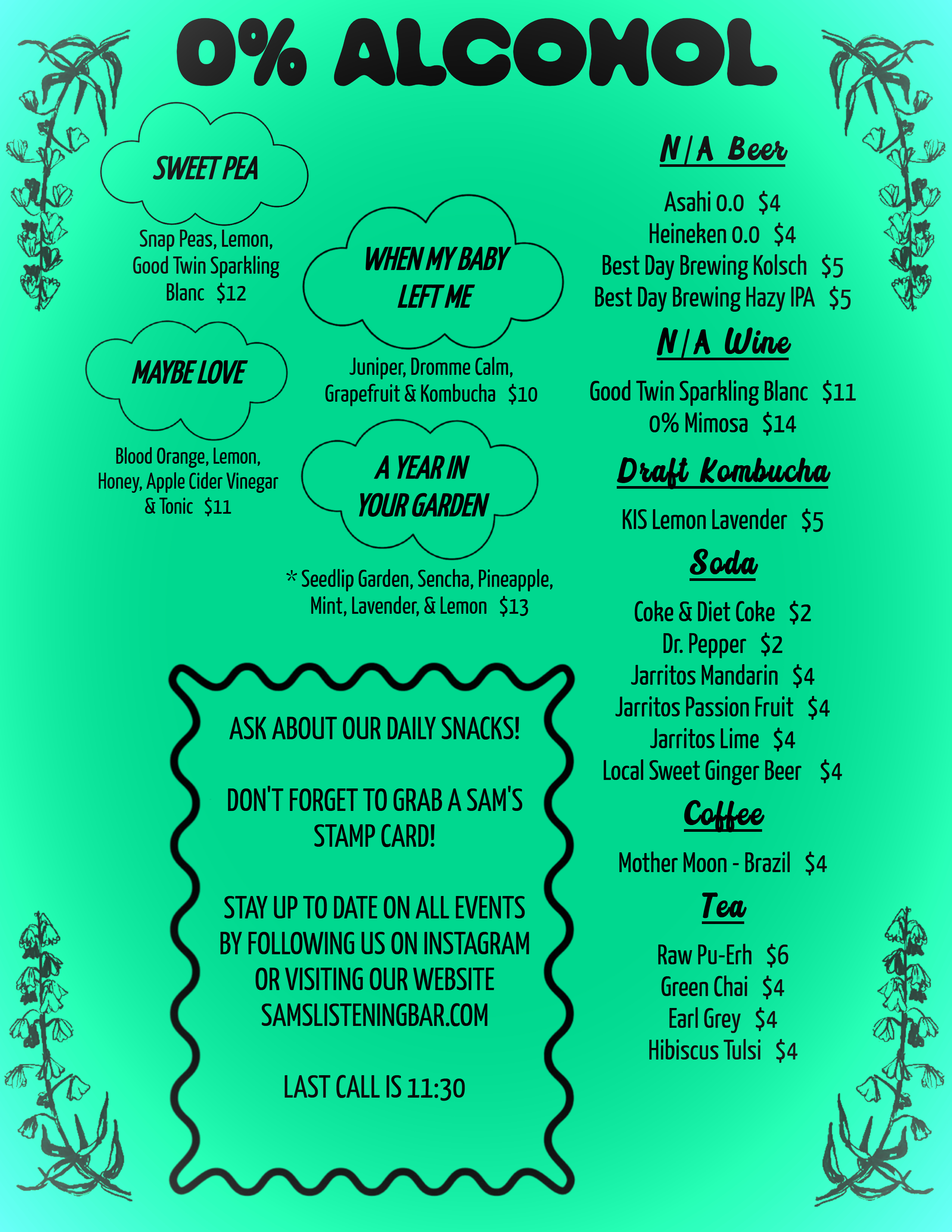 Sam's Listening Bar Mocktail Menu