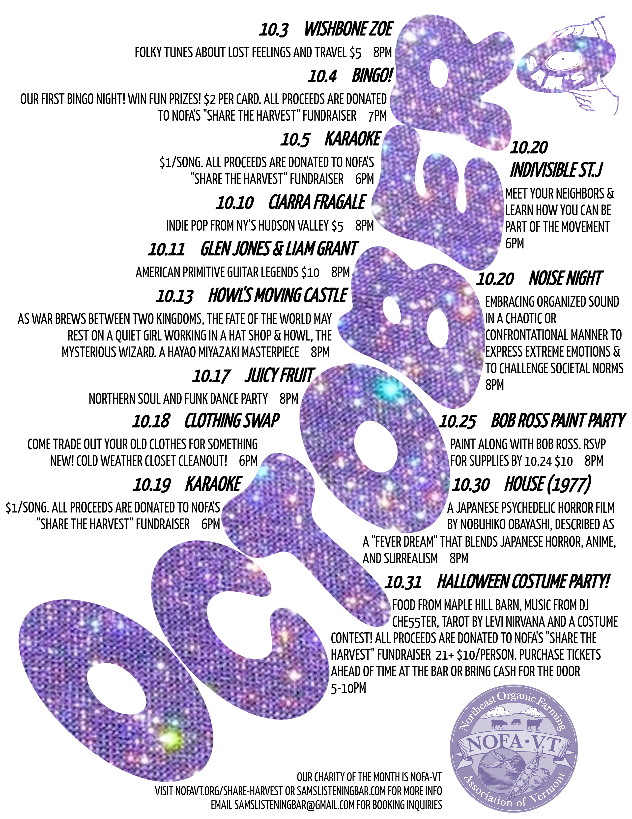Events List for October 2025 at Sam's Listening Bar