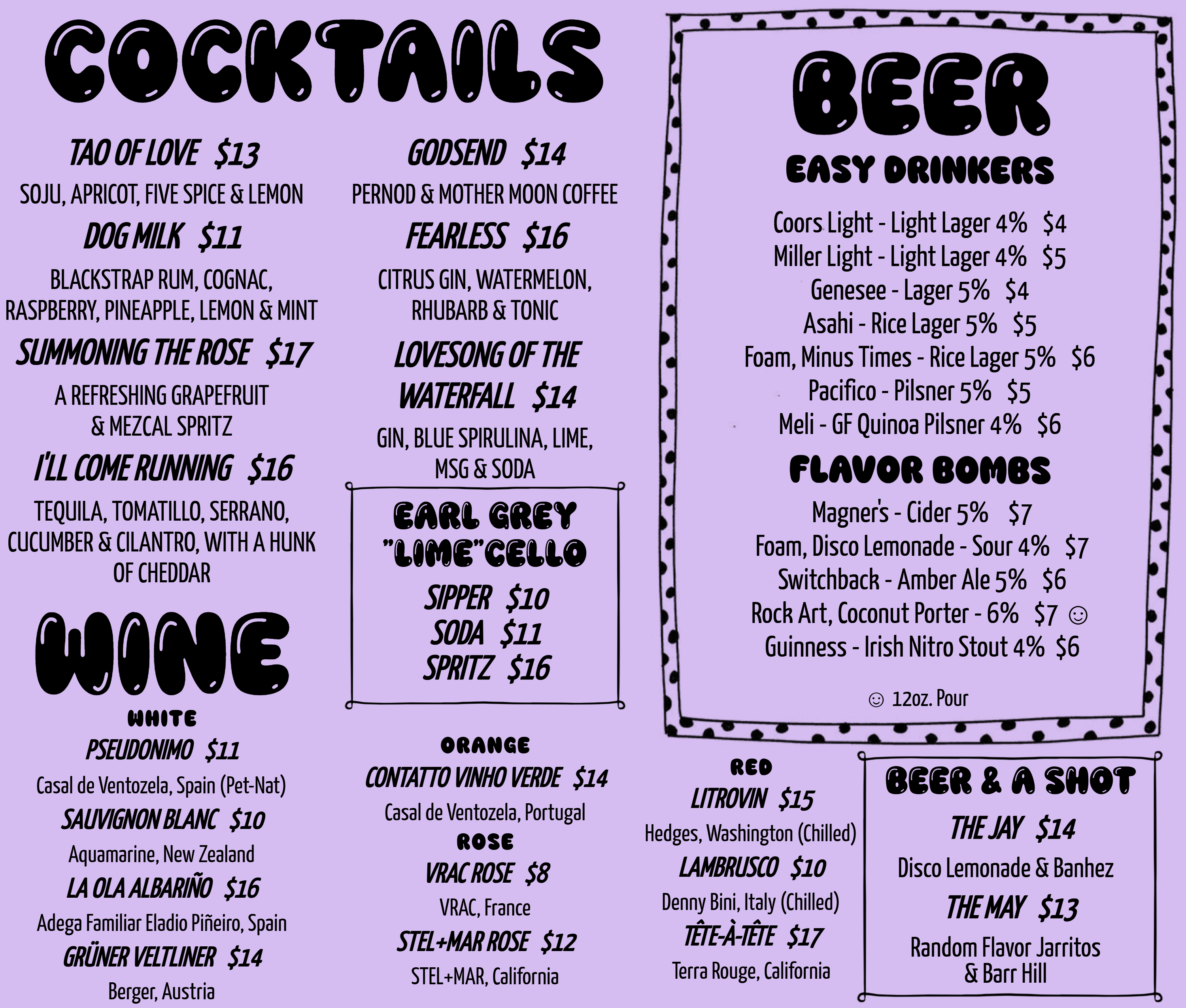 Sam's Listening Bar Cocktail Menu