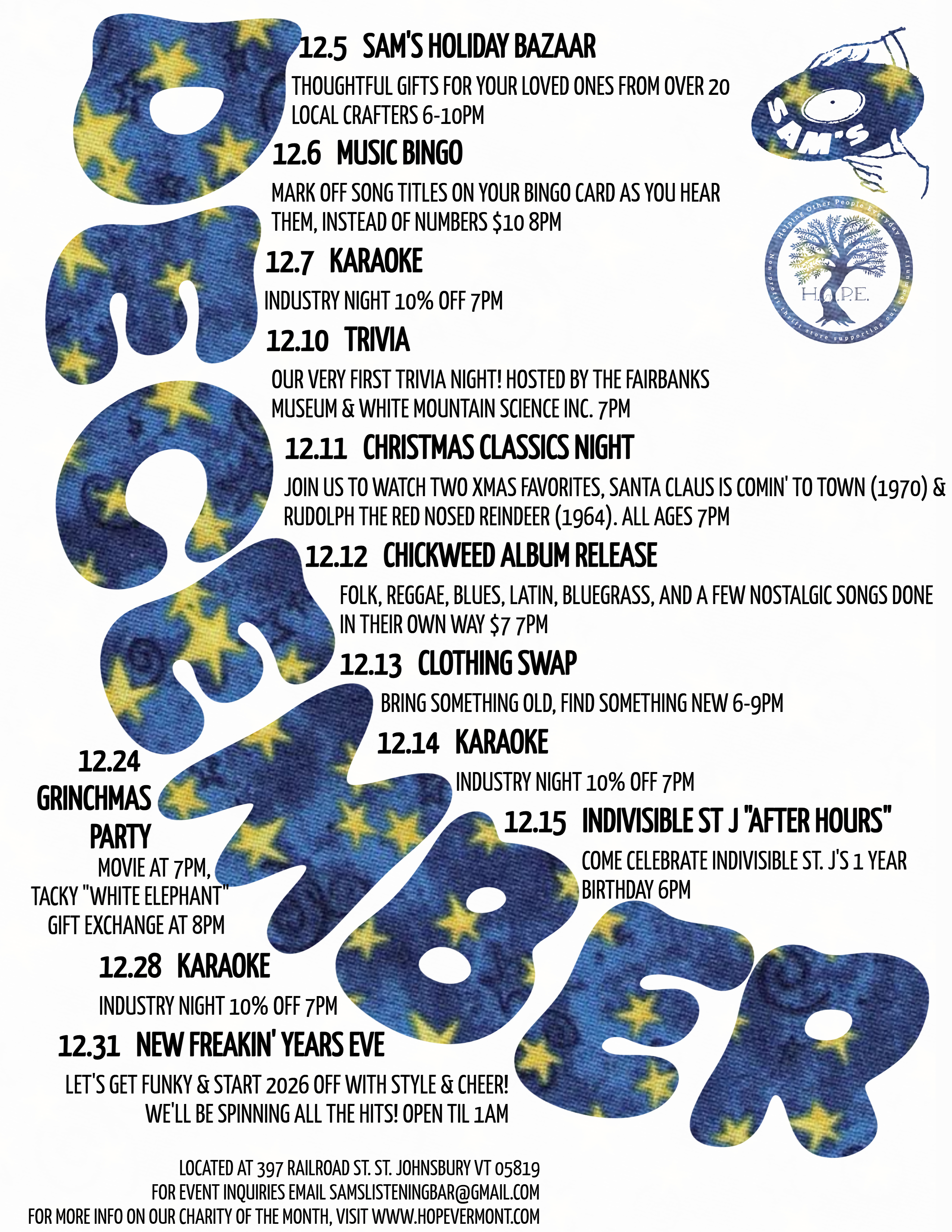 Events List for December 2025 at Sam's Listening Bar