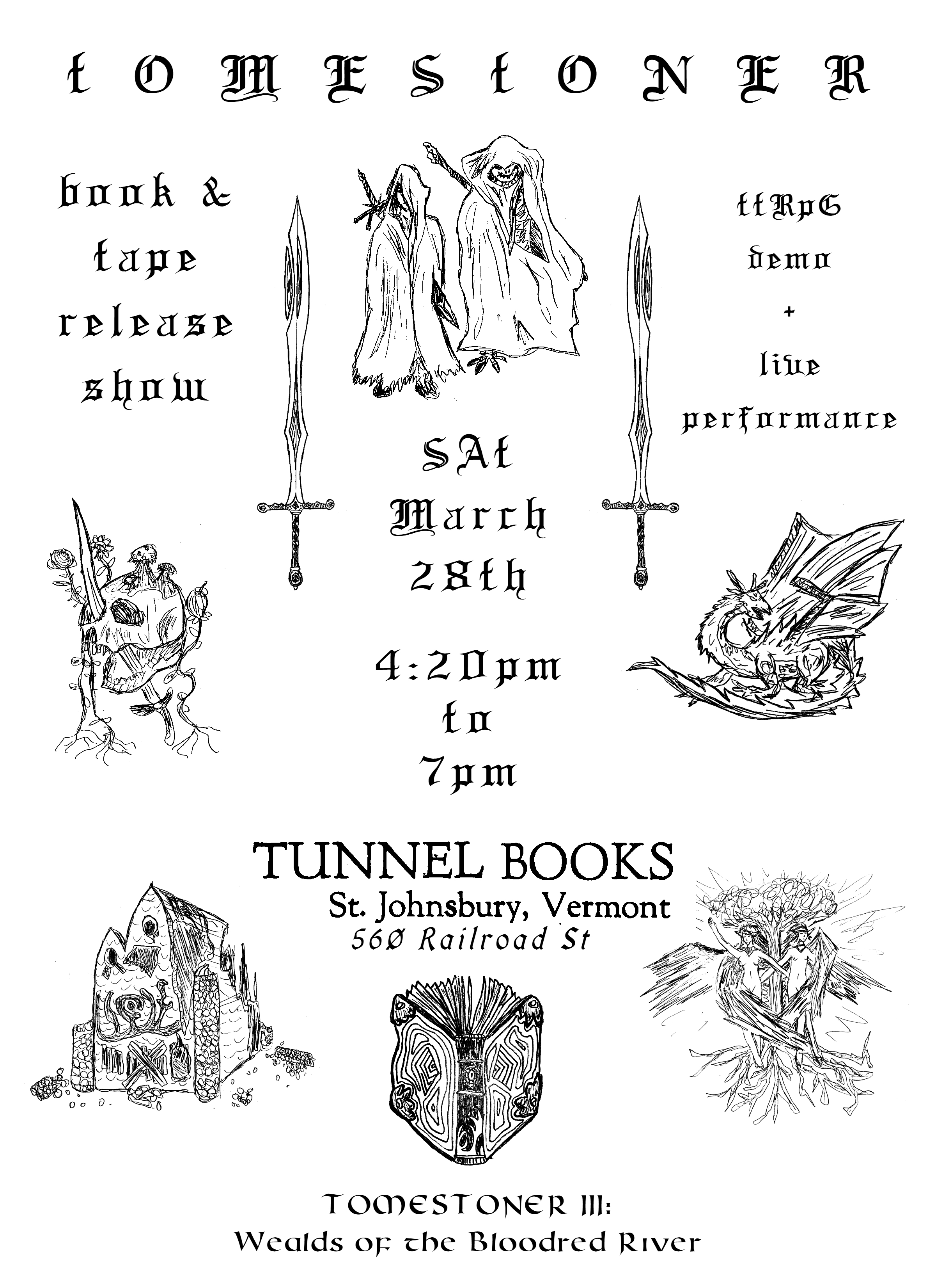 Tomestoner book and album release show at tunnel books saturday march 28th 4:20pm to 7pm