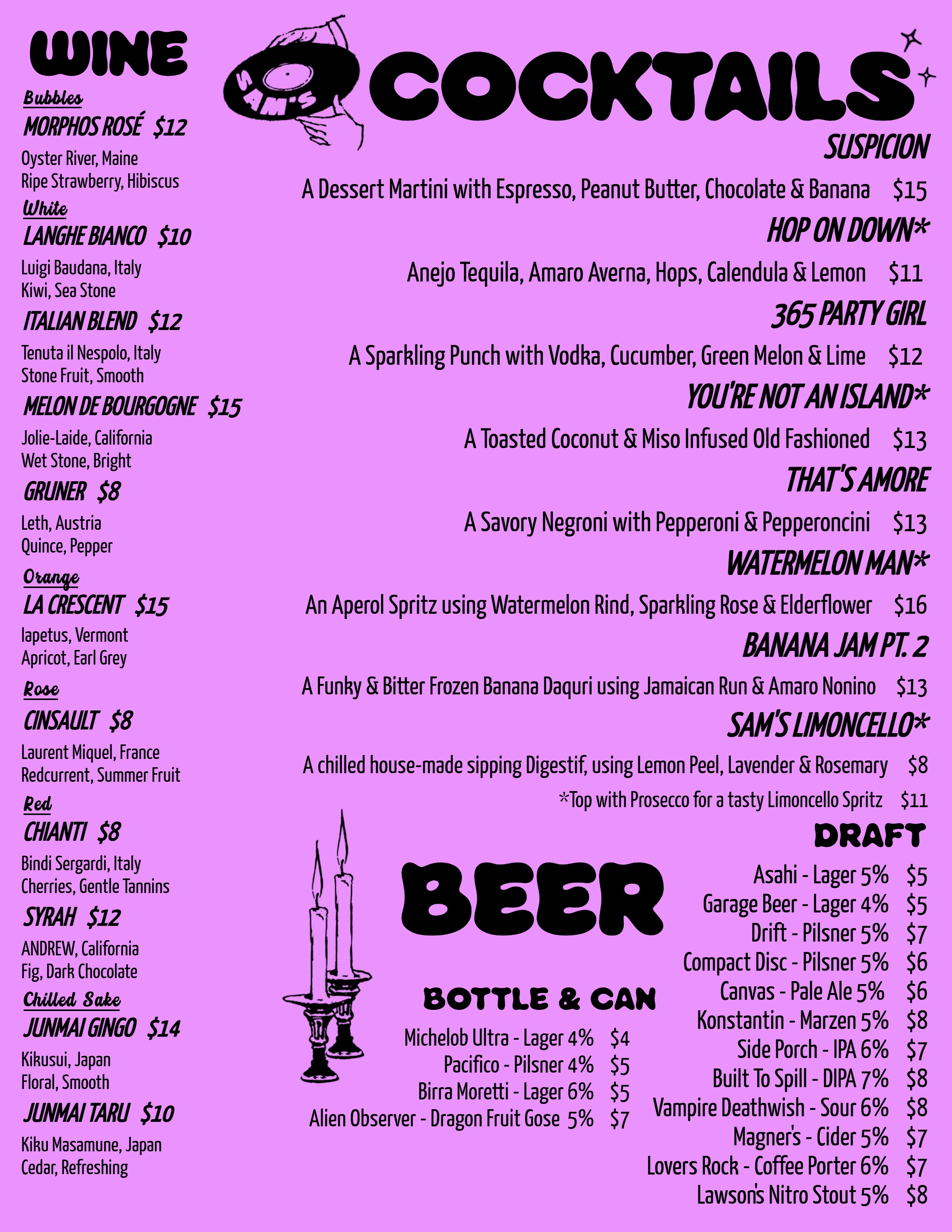 Sam's Listening Bar Cocktail Menu