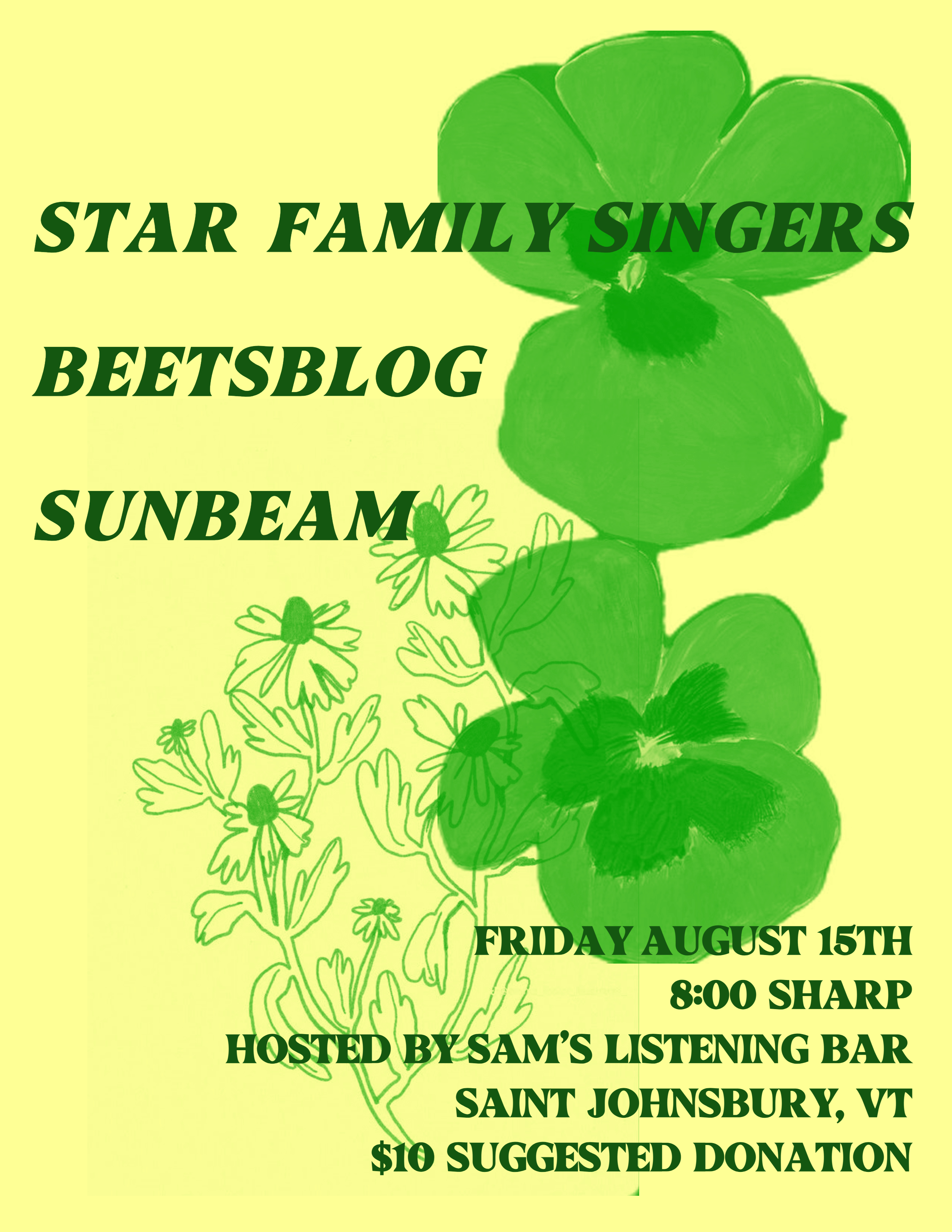 Flyer for STAR FAMILY BAND, SUNBEAM and BEETSBLOG at Sam's Listening Bar on August 9th, 2025